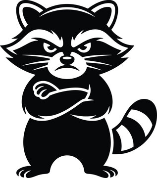 angry raccoon, silhouette, black and white, animal, mammal, furious expression, crossed arms, standing posture, white background, eps10, flat, a Angry raccoon silhouette, black and white animal mammal