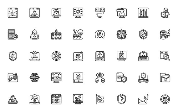 Computer Virus Protection icon set. Minimal line icons. Featuring hacker, firewall, shield, phishing, trojan, browser, password and more. Editable stroke.