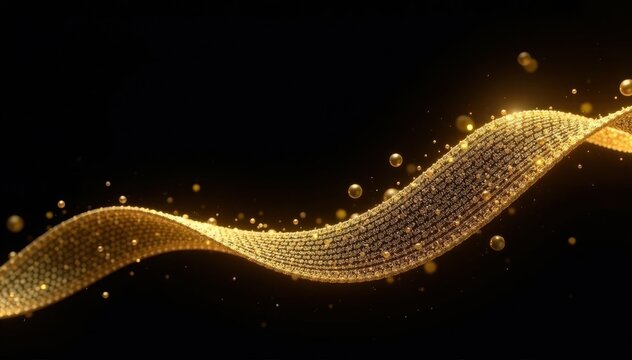 Golden thread texture with curved design falling on black background, curve, sparkle