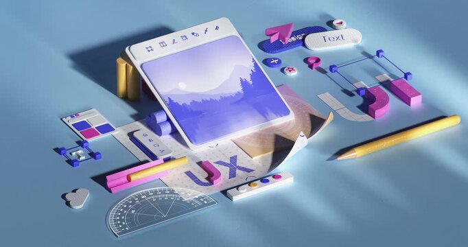Stylized 3D user interface design workspace with floating tools, typography elements, and creative editing components.
