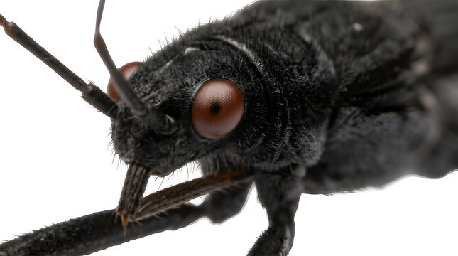 Macro Portrait of Black Insect Head with Red Eyes Isolated on Transparent Background