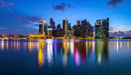 Obraz premium City skyline at dusk with reflection.