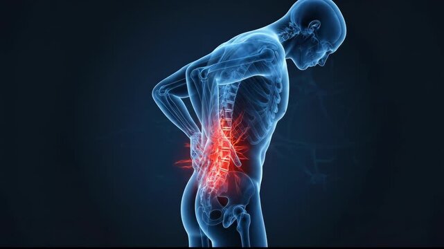 Detailed anatomical visualization of a translucent human body, highlighting intense lower back pain, glowing red lumbar spine, medical condition, health problem, discomfort
