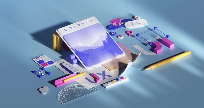 Playful isometric 3D animation of a creative design workspace with a tablet displaying a landscape, surrounded by colorful tools and UX interface elements.