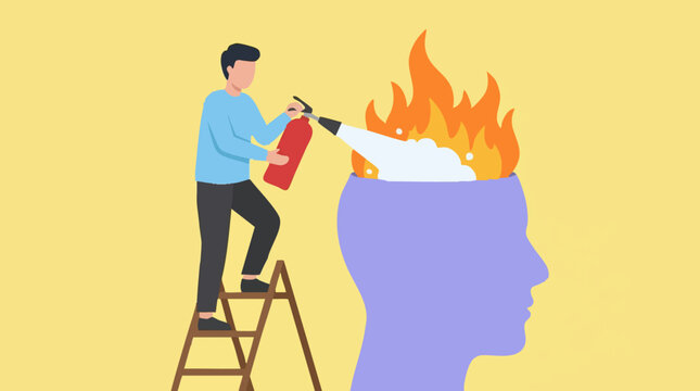 Mental health and stress management concept: putting out fire in human head