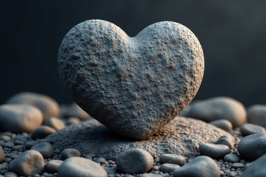 Grainy granite monolith with rounded heart shape, outdoors, stone structures