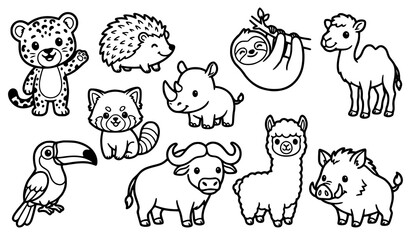 Fototapeta premium Fun Chibi Forest and Zoo Animal Friends Coloring Page Vector Collection