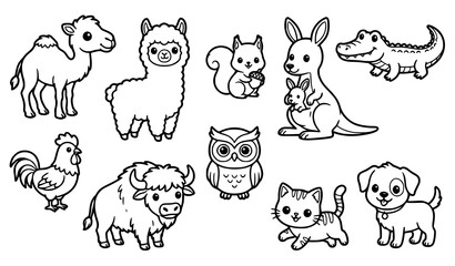 Fototapeta premium Fun Cute Zoo and Farm Animal Friends Coloring Page Vector Illustration