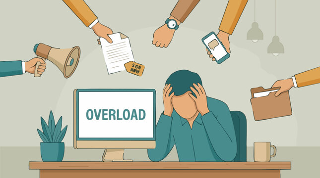 Businessman stressed from work overload and multiple demands concept