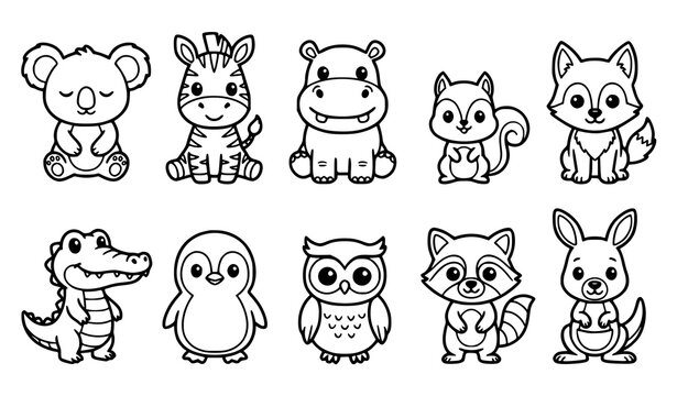 Adorable Chibi Zoo and Forest Animal Coloring Characters Vector Illustration Set