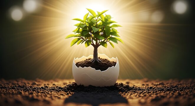 Green plant growing in a cracked eggshell filled with soil. Environmental sustainability and agricultural innovation. Tree sprouting from egg under bright cinematic sunlight