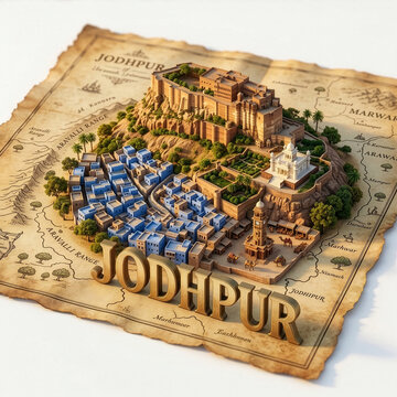 3D isometric map illustration of Jodhpur, Rajasthan, India