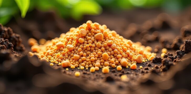 Granules of Muriate of Potash fertilizer scattered on a garden bed, landscape, potash