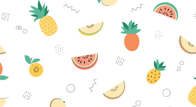 Colorful seamless pattern featuring stylized pineapples, watermelon slices, melon pieces, and oranges with abstract geometric elements.