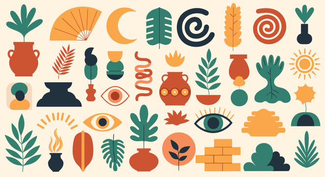 Large collection of abstract bohemian and botanical shapes including vases, leaves, eyes, and celestial symbols in warm earthy tones.