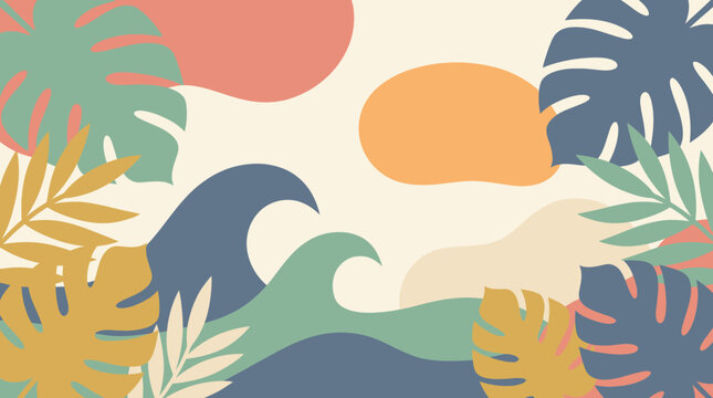 Boho summer vibes with tropical leaves and wave pattern illustration