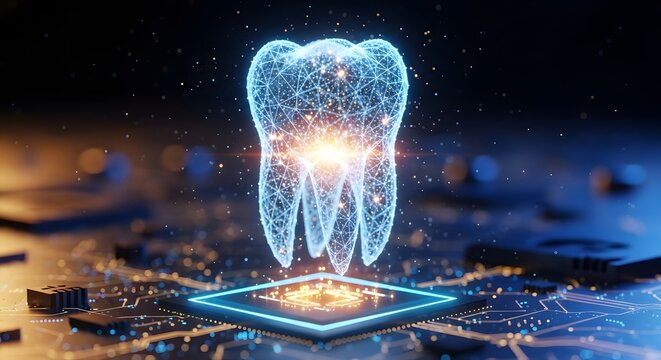 Glowing blue digital mesh tooth floating over a motherboard. Advanced dental technology, digital healthcare and smart dentistry. Tooth wireframe icon hovering over computer microchip