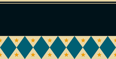 vintage dark blue and cream harlequin pattern background with turquoise diamonds, gold star accents, and top border stripes. Elegant retro geometric backdrop for night circus themes, greeting cards © Pim
