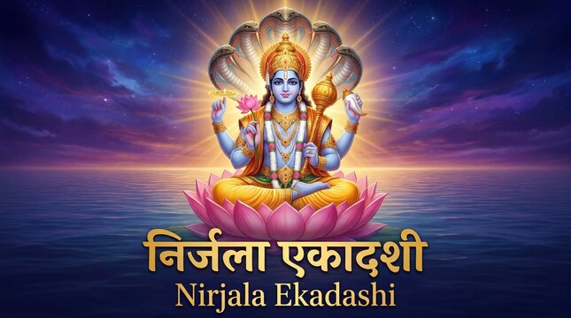 Hindu deity Lord Vishnu sitting on a pink lotus flower in the middle of a calm ocean with a multi headed snake canopy and Nirjala Ekadashi text art