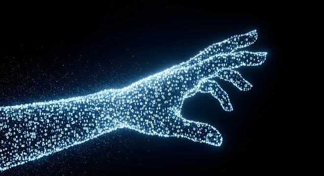 Digital human hand formed by glowing white binary code numbers. Cyber security, artificial intelligence and data transmission. Binary stream arm reaching out across dark empty space