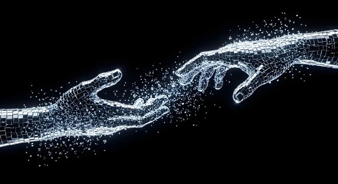 Two robotic mirror mosaic hands reaching out to touch each other. Artificial intelligence connection, creation of adam concept and future tech. Cybernetic hands meeting in dark void