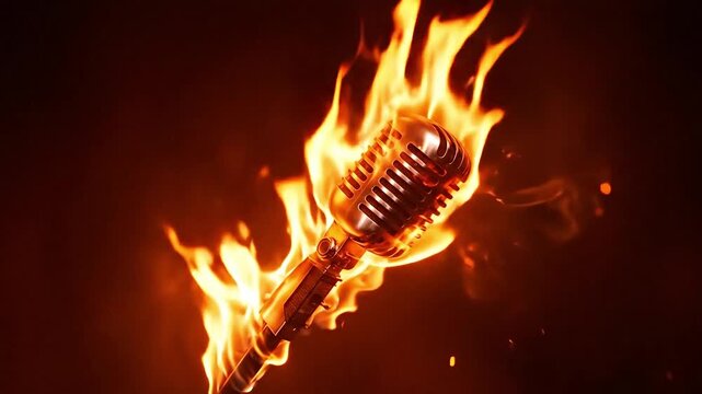 A vintage microphone engulfed in flames, symbolizing a passionate performance.