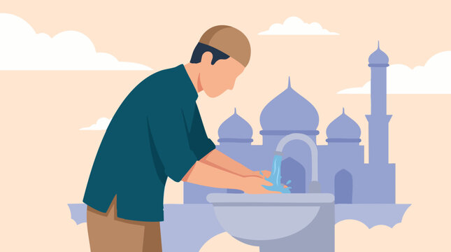 Muslim man performing ritual ablution (wudu) with mosque background