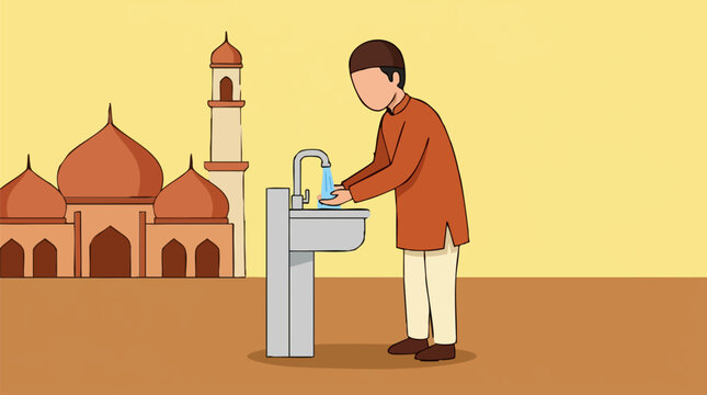 Muslim man performing ablution (Wudu) at a mosque, religious ritual
