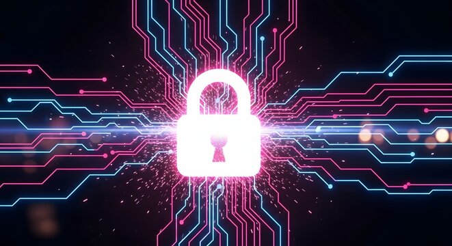 Cyber security padlock on digital circuit background. Data protection and network privacy concept. Glowing lock securing computer code server infrastructure.
