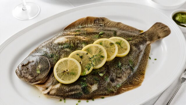 turbot. A cooked whole turbot on a white porcelain plate with lemon slices and fresh herbs. menu design, packaging mockups, designed for culinary blogs and recipe cards for restaurants.