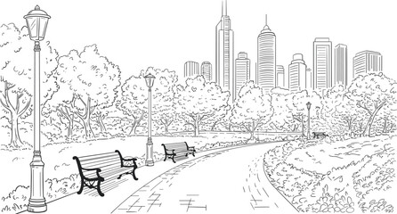 City park line art vector illustration with benches, trees, street lamps, pathway, and modern urban skyline sketch artwork © Sheikh