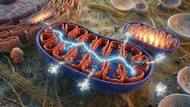 Mitochondrion, an intricate cellular organelle actively generating adenosine triphosphate via cellular respiration and metabolic processes.