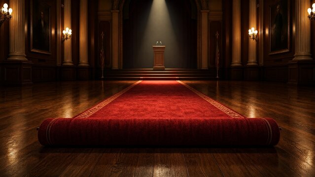 privilege. A red carpet being rolled up from a floor, leading to an empty podium. event programs, museum guides, designed for cultural heritage projects and event programs, supports education.