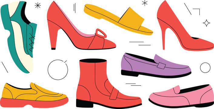 Colorful footwear collection vector illustration featuring sneakers, heels, boots, loafers, and sandals in modern fashion design