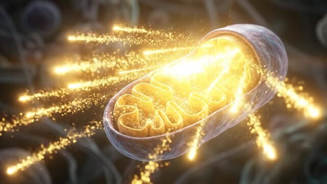 Mitochondrion, cellular power generator creating vital energy through internal respiration process, emitting glowing particle from its folded inner membrane structure.