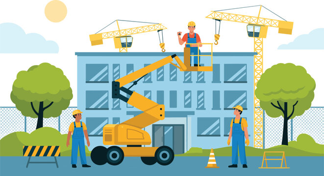 Construction site vector illustration with workers, cranes, hydraulic lift, building, safety equipment, and teamwork industrial artwork