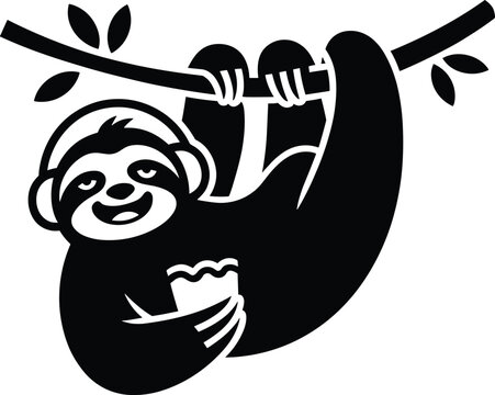 sloth, black silhouette, hanging, branch, leaves, smiling, animal, mammal, tropical, tree, vine, monochrome, eps10, black, silhouette Black silhouette of a smiling sloth hanging from a branch