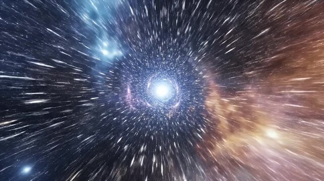A stunning digital artwork depicts a vibrant, swirling galaxy surrounded by streaks of light, evoking a sense of cosmic wonder and interstellar travel.