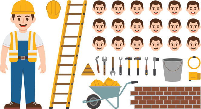 Construction worker character constructor vector illustration with tools, ladder, wheelbarrow, bricks, and multiple facial expressions artwork