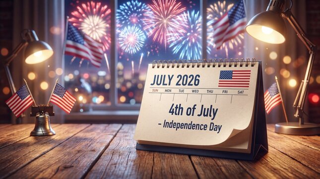 Independence Day calendar on rustic wooden table with American flag decorations and glowing fireworks viewed through window for festive July 4 holiday