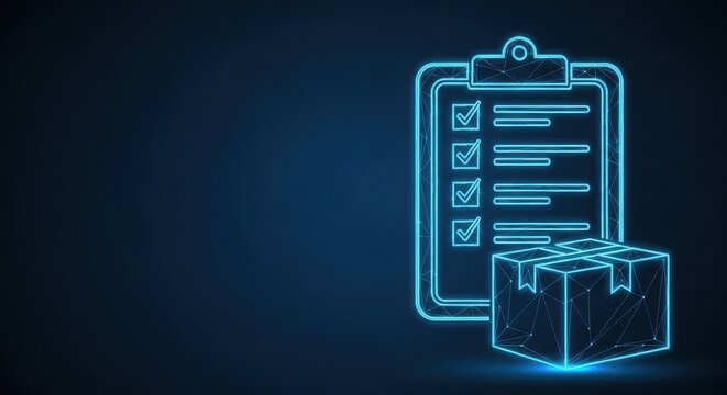 Digital Clipboard with Checklist and Delivery Box on a Glowing Blue Network Background
