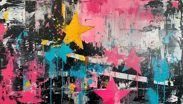 A vibrant abstract painting featuring colorful stars on a textured background