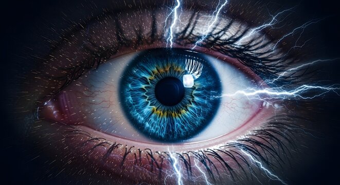 Macro human eye close up with blue iris and lightning streaks. Visual sensory perception and biometric identification concept. Electric energy sparks crackling across optical surface.