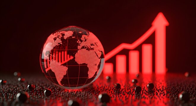 Glass world globe model on a reflective dark floor with red graphics. Global financial market growth and economic data analysis. Rising bar chart arrow pointing up in background.
