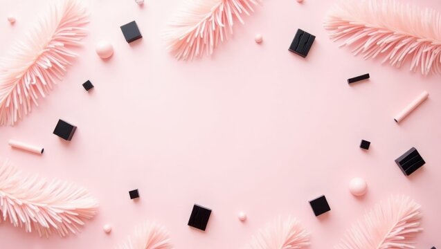 Cosmetics and makeup flat lay composition on pale pink background with brushes and eyeshadow