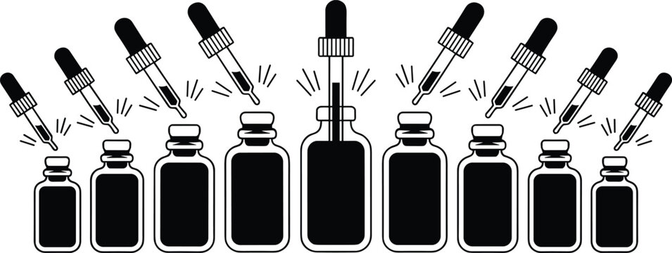 Dropper bottles vector illustration showing symmetrical arrangement of glass containers with pipettes dispensing liquid in modern design