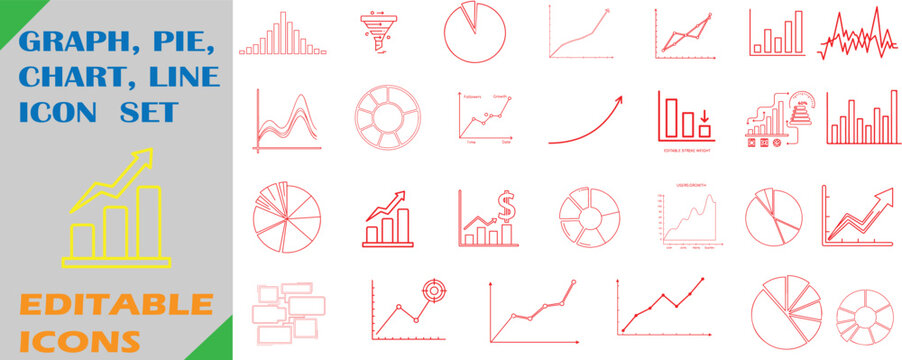 Isolated set of editable graphic icons including bar charts pie charts and line graphs business analytics statistics presentation analysis illustration editable infographic progress