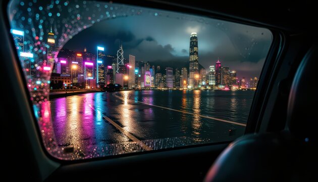 Rainy Night View of Neon-Lit City Skyline From Car Window