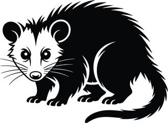 Obraz premium opossum, wild-eyed, black silhouette, animal, mammal, black and white, eps10, flat wildlife, creature, furry, whiskers, ears, eyes, tail, claws, b Black silhouette of a wild-eyed opossum animal mammal