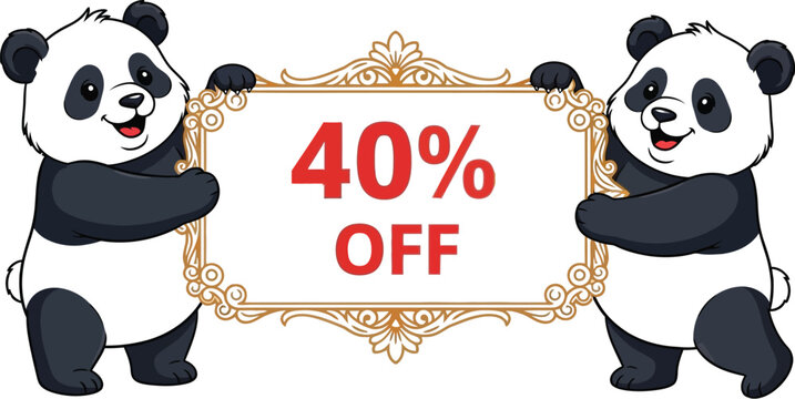 Pandas hold a decorative sign announcing a forty percent off store sale promotion event.